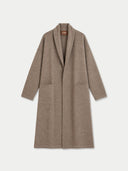 A long taupe-brown shawl collar coat with large front patch pockets, shown flat against a light gray background.
