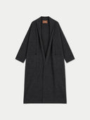 A dark charcoal gray open-front cardigan coat with long sleeves and front patch pockets, shown flat against a light gray background. A small brown brand label reading 'GOBI' is visible at the inner collar.