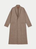 A long taupe-brown shawl collar coat with front pockets, displayed flat against a light gray background.