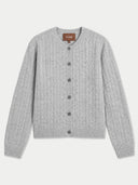 A light gray cable-knit cardigan sweater with a button-up front, displayed flat against a light gray background. The brand name 'GOBI' is visible on the inner neck label.