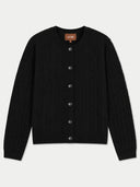 A black cable-knit cardigan sweater with a button-up front, displayed flat against a light gray background. The brand label GOBI.
