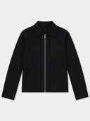 A black long-sleeve zip-up jacket with a pointed collar, displayed flat against a light gray background.