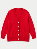 A bright red knit cardigan sweater with a V-neck, long sleeves, and a front button closure, displayed flat against a light gray background.