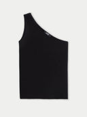 A black asymmetric top with a one-shoulder neckline and sleeveless design, made from a blend of silk and cashmere. #color_black
