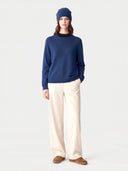 Model wearing the Cashmere Fine-Knit Crewneck Sweater in Deep Blue, full-length front view