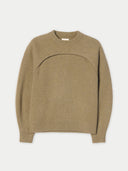 A moss green crew neck sweater featuring a unique curved layered overlay across the chest and ribbed cuffs, set against a light grey background." #color_aloe