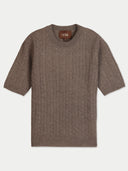 A brown ribbed knit short-sleeve crewneck sweater with a visible GOBI brand label on the inner neck, displayed flat against a light gray background.