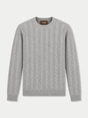 A light gray cable-knit crewneck sweater with a brown brand label reading 'GOBI' at the inner collar, displayed against a clean off-white background.