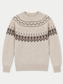 A cream-colored knit sweater with a brown and gray Fair Isle pattern across the chest and shoulders, shown against a light gray background.