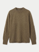 A brown knit crewneck sweater with textured cable detailing on the sleeves, displayed flat against a light gray background.