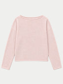 A light pink long-sleeve knit top with a wide boat neckline, displayed flat against a light gray background.