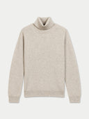 A light beige heathered knit turtleneck sweater displayed flat against a light gray background.
