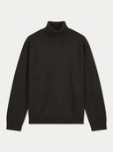 A dark brown knit turtleneck sweater with long sleeves, displayed flat against a light gray background.