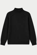 A black knit mock neck sweater with raglan sleeves, shown flat against a light gray background.
