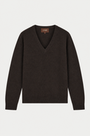 A dark brown V-neck knit sweater with long sleeves, displayed flat against a light gray background. A small brown brand label reading 'GOBI' is visible inside the collar.