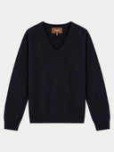 A dark navy blue V-neck knit sweater with long sleeves, shown flat against a light gray background. The brand label 'GOBI' is visible inside the collar.