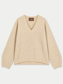 A light beige knit sweater with a V-neck and long sleeves, laid flat against a light gray background. A small brown brand label reading 'GOBI' is visible inside the neckline.