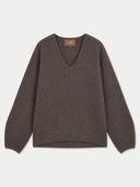 A dark brown V-neck knit sweater with long sleeves, laid flat against a light gray background. A small brown brand label reading 'GOBI' is visible inside the neckline.