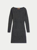 A dark gray long-sleeve knit dress with a boat neckline, shown flat against a light gray background.