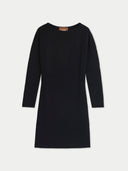 A black long-sleeve knit dress with a boat neckline, displayed flat against a light gray background.