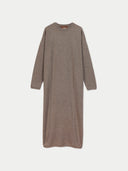 A long-sleeve crewneck knit dress in a heathered taupe-brown color, displayed flat against a light gray background.