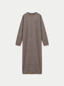 A long-sleeve crewneck knit dress in a heathered taupe-brown color, displayed flat against a light gray background.