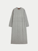A light gray long-sleeve knit dress with a crew neck, shown flat against a light gray background.