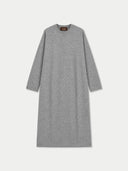 A long-sleeve, crew-neck knit dress in heather gray, shown flat against a light gray background.