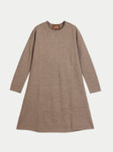 A long-sleeve knit dress in a heathered taupe-brown color, featuring a crew neck and a relaxed, slightly flared silhouette. The brand name 'GOBI' is visible on the inner neck label.