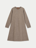 A long-sleeve, crew-neck knit dress in a heathered taupe-brown color, shown flat against a light gray background. The brand name 'GOBI' is visible on the inner neck label.