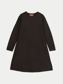 A dark brown long-sleeve knit dress with a crew neck, displayed flat against a light gray background. A small brown label on the inner collar reads 'GOBI'.