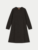 A dark brown long-sleeve knit dress with a crew neck, shown flat against a light gray background. A small brown label inside the collar reads GOBI.