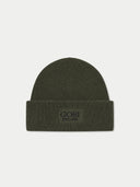 An olive green ribbed knit beanie hat with a folded cuff and a dark embroidered logo reading 'GOBI EST. 1981' on the front, shown against a light gray background.