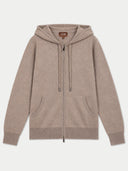 A light taupe zip-up hoodie with a drawstring hood, front pockets, and ribbed cuffs and hem, shown flat on a light gray background. The brand label inside the collar reads GOBI.