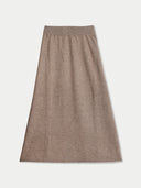 A taupe brown knit A-line skirt with a wide elastic waistband, shown flat against a light gray background.