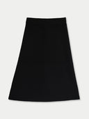 A solid black A-line skirt with a wide waistband, displayed flat against a light gray background.