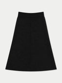 A black knit A-line skirt with a ribbed waistband, shown flat against a light gray background.
