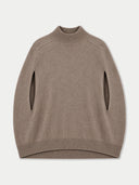 A taupe knit mock-neck sweater with long sleeves featuring vertical cutouts on the upper arms, displayed against a light gray background.