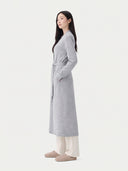 Model wearing the Cashmere Belted Robe Cardigan in Light Gray, three-quarter side view