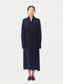 Model wearing the Cashmere Belted Robe Cardigan in Navy, full-length front view