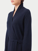 Model wearing the Cashmere Belted Robe Cardigan in Navy, close front view