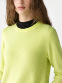 Person wearing a bright green sweater over a black shirt on a white background #color_sunny-lime
