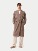 Man wearing a brown robe over a white shirt on a white background #color_taupe