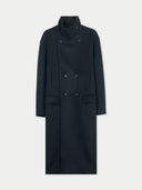 Navy blue coat with a high funnel neck on a light gray background #color_navy-blazer