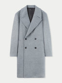 A double-breasted gray cashmere coat for men with notched lapels and long sleeves.  #color_dim-gray