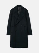 A double-breasted black cashmere coat for men with notched lapels and long sleeves. #color_black