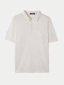 A white men's cotton silk cashmere blend polo shirt with short sleeves and a collar. #color_whisper-white
