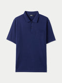 A navy blue men's polo shirt with a collar, short sleeves, and a front pocket. #color_navy