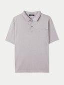 A gray men's cotton silk cashmere blend polo shirt with a collar, short sleeves, and a chest pocket. #color_wind-chime
