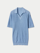 A blue cashmere silk open collar polo shirt. #color_celestial-blue